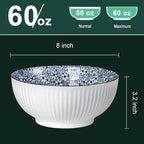 QINLANG Large Soup Bowls, Pho & Ramen Set of 3, 60 oz Blue & White Porcelain - Floral Pattern