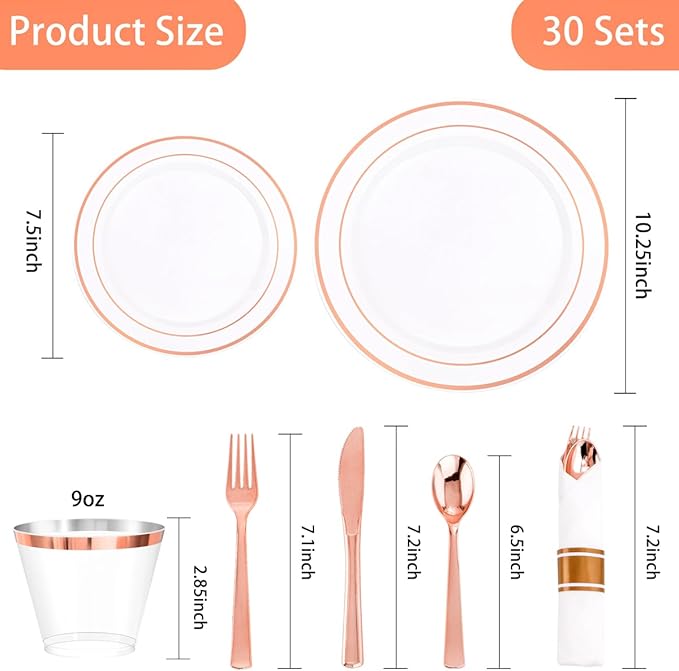 DaYammi 210PCS Rose Gold Plastic Dinnerware Set for 30 Guests, Mother's Day Plates for Party, Include: 30 Dinner Plates, 30 Dessert Platos, 30 Pre Rolled Napkins with Rose Gold Silverware, 30 Cups