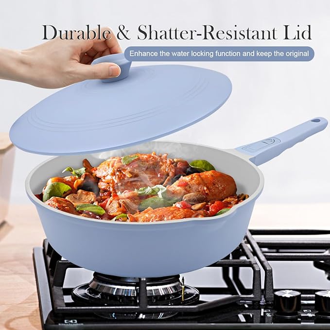 10 Inch Saute Pan with Lid, Ceramic Deep Frying Pans Nonstick, 4 Qt Non Stick Skillet with Lid, Compatible with All Stovetops, Detachable Handle, Oven Safe, PFOA Free, Blue