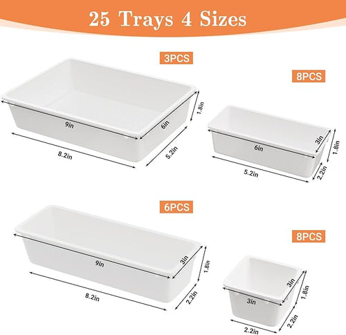 25 PCS Plastic Drawer Organizer Set, 4-Size Versatile Organizer Trays & storage Bins for Makeup, Jewelry, and Gadgets in Bathroom, Bedroom and Office, White