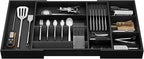 Bamboo Silverware Drawer Organizer, 17.7-29.5 Inch Expandable Large Kitchen Drawer Organizer, 5-8 Slot Flatware with Removable Card Slots & Knife Block for Spoon Butter Knive, Black