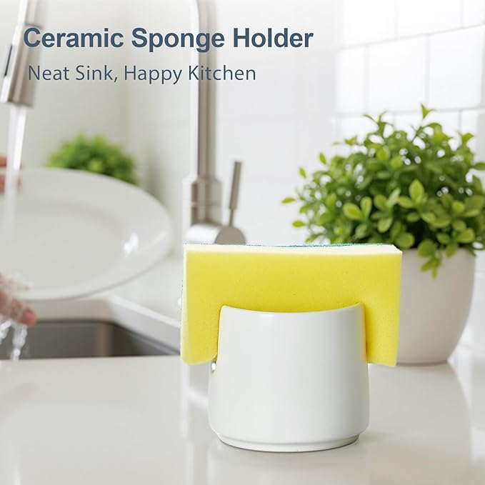 ONEMORE Ceramic Sponge Holder for Kitchen Sink, Kitchen Sink Organizer with Drain, Dish Sponge and Soap Holder for Sink Counter, Cute Corner Ceramic Sponge Holder, In Sink Sponge Storage, White