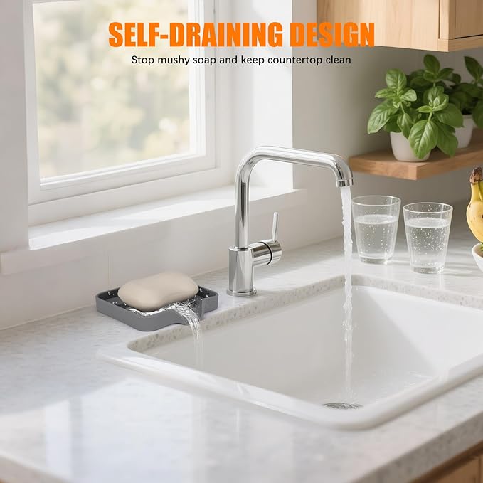 Silicone Soap Dish for Shower with Self Draining, 2 Pack Soap Holder for Bathroom, Silicone Sponge Holder for Kitchen Sink, Soap Tray for Dispenser, Scrubber, Bottle, 4.7"×3.9", Grey & Beige White