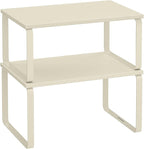 SONGMICS Cabinet Organizer Shelf, Set of 2 Kitchen Counter Shelves, Kitchen Storage, Spice Rack, Stackable, Expandable, Metal and Engineered Wood, Cream White UKCS002W02