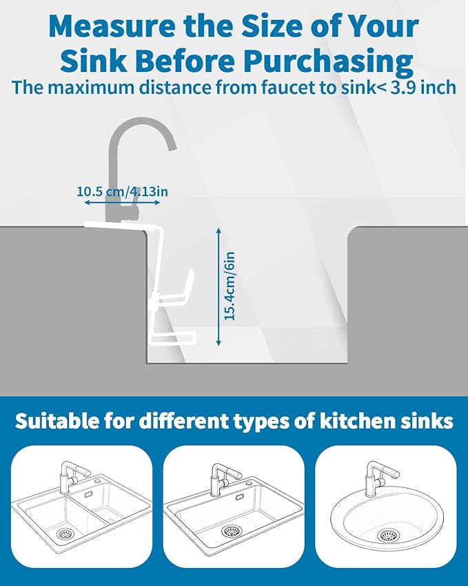 Sink Sponge Holder - Metal Kitchen Sink Faucet Organizer for Sponges, Brushes and Cleaning Tools, Faucet Sponge Holder Hanging Fix Around Faucet (White)