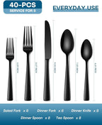 Stapava 40 Pcs Black Silverware Set, Food-Grade Stainless Steel Flatware Set for 8 Mirror Polished Cutlery Utensil Sets Include Dinner Knives Spoons and Forks Set Dishwasher Safe for Home Restaurant