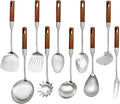 304 Stainless Steel Cooking Utensils Set with Wood Handle,10 Piece Metal Kitchen Utensils Dishwasher Safe Heat Resistant Serving Utensil Wok Tools (13-14in)