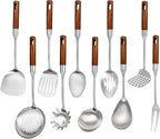 304 Stainless Steel Cooking Utensils Set with Wood Handle,10 Piece Metal Kitchen Utensils Dishwasher Safe Heat Resistant Serving Utensil Wok Tools (13-14in)