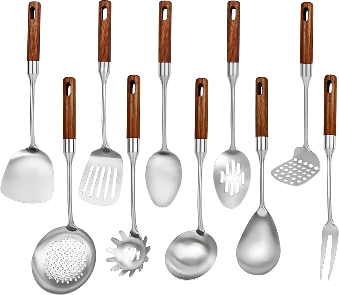 304 Stainless Steel Cooking Utensils Set with Wood Handle,10 Piece Metal Kitchen Utensils Dishwasher Safe Heat Resistant Serving Utensil Wok Tools (13-14in)