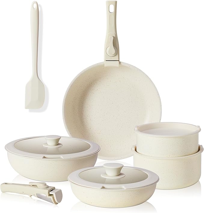 Sweetcrispy 12 pcs Pots and Pans Set, Nonstick Kitchen Induction Cookware Suit with Detachable Handle, Dishwasher Oven Safe, Milky White