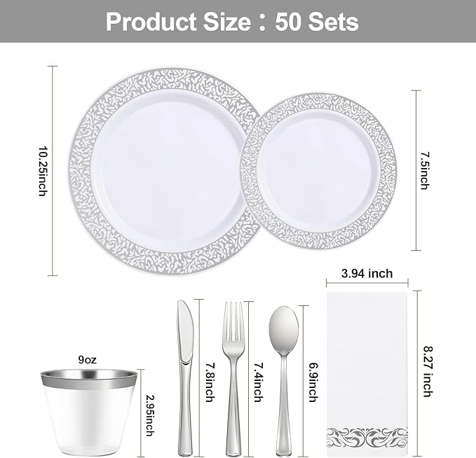 Bestluck 350PCS Silver Plastic Dinnerware Set for 50 Guests, Disposable Plates for Party, Wedding, Include 50 Dinner Plates, 50 Dessert Plates, 50 Set Silver Silverware, 50 Cups, 50 Napkins