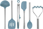 Tovolo Silicone Cooking Utensil Set of 6 Blue Slate Ladle Slotted Turner Tongs Flex Core Spatula Scraper Mixing Spoon and Potato Masher, Dishwasher Safe BPA Free Silicone Kitchen Utensils