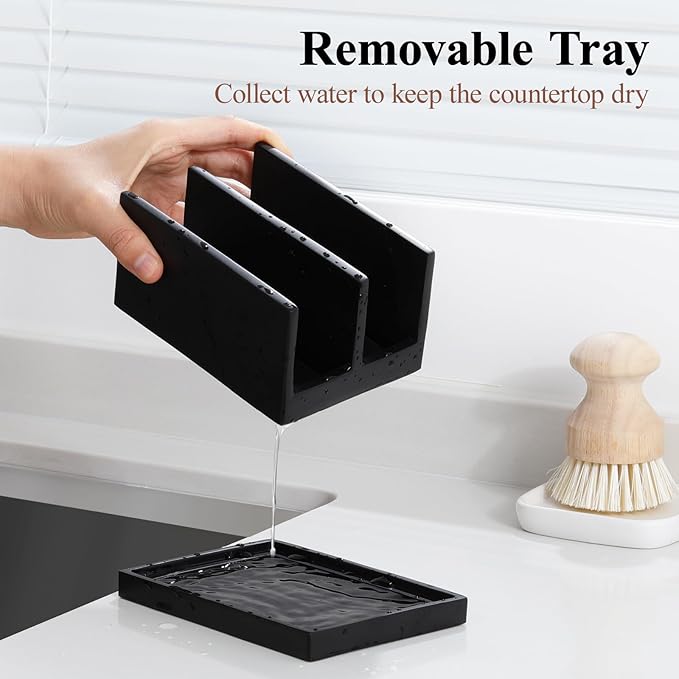 Luxspire Kitchen Sponge Holder for Sink, Dish Sponge Holder with 2 Compartments, Sponge Caddy for Kitchen Sink Counter, Sponge Holder with Drain Tray, Matte Black