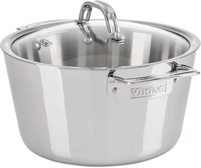 Viking Contemporary 3-Ply Dutch Oven, 5.2 Quart Stainless Steel Cookware Pot with Glass Lid, Dishwasher and Oven Safe, Induction Ready, Silver