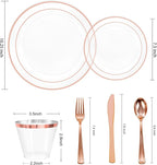 bUCLA 300PCS Rose Gold Plastic Dinnerware - Clear Dinnerware Set Disposable Include 50 Dinner Plates,50 Dessert Plates,50 Knives,50 Forks,50 Spoons,50 Cups for Party, Wedding & Mother's Day