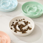Cat Slow Feeder Bowl Set - 2 Pcs Ceramic Cat Food Plates for Slow Eating - Double Cat Dish for Dry Wet Food - Slow Feeding Cat Bowls Whisker Friendly - Microwave and Dishwasher Safe - White and Blue