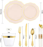 realluck 175 Piece Pink Plastic Dinnerware Set for 25 Guests Elegant Baroque Disposable Dinnerware for Weddings, Parties, 50 Plastic Plates, 25 Pre Rolled Napkins with Silverware, 25 Cups