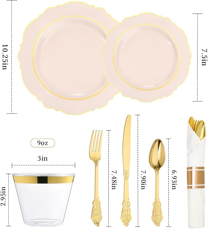 realluck 350 Piece Pink Plastic Dinnerware Set for 50 Guests Elegant Baroque Disposable Dinnerware for Weddings, Parties, 100 Plastic Plates, 50 Pre Rolled Napkins with Silverware, 50 Cups
