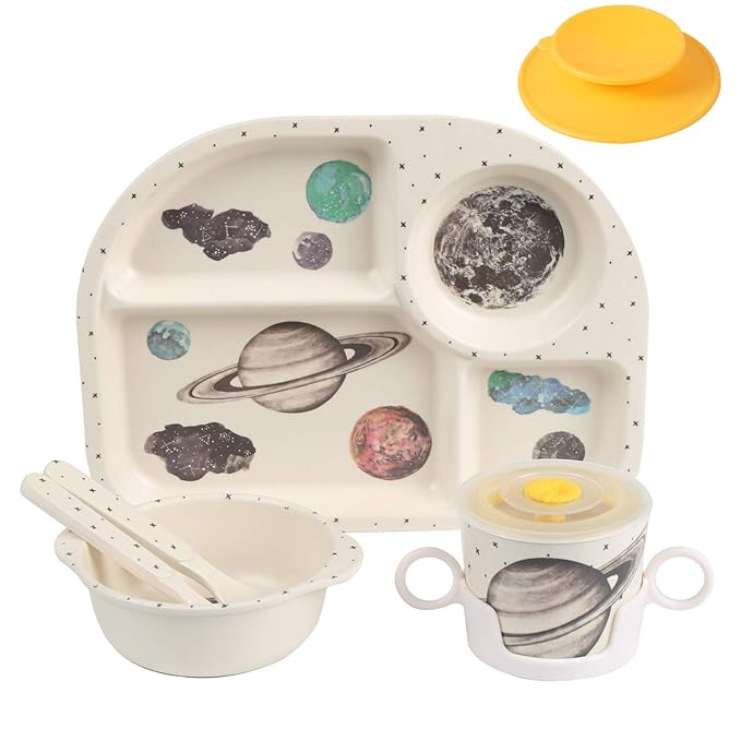 shopwithgreen 7Pcs/Set Bamboo Kids Dinnerware Set - Children Dishes - Food Plate Bowl Cup Spoon Fork Set Dishware, Cartoon Tableware, Dishwasher Safe Kids Healthy Mealtime, BPA Free