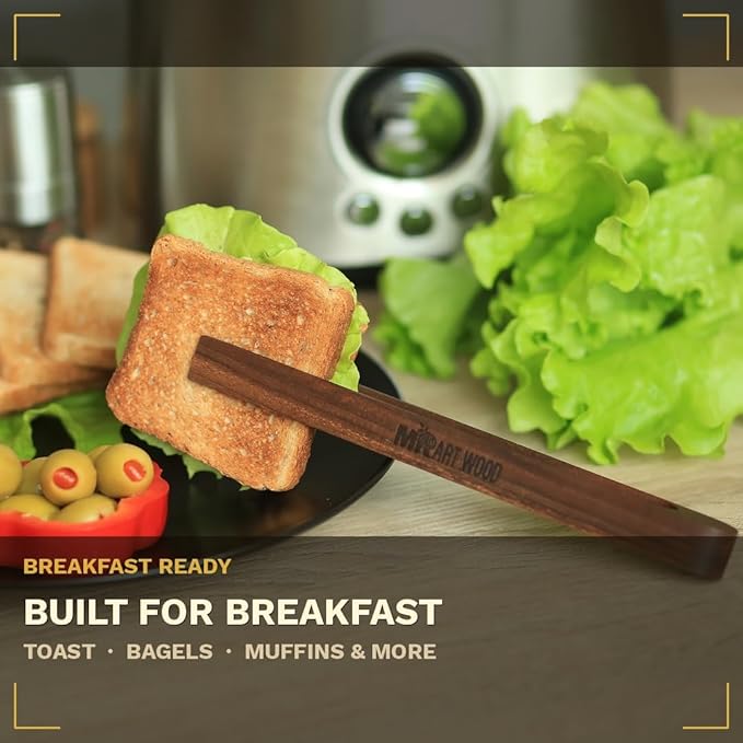 Magnetic Walnut Wood Toaster Tongs, Set of 2 – 8.7-Inch Kitchen Tongs for Toast, Bagels, Bacon, Muffins & BBQ | Non-Toxic, Glue-Free Hardwood with Magnetic Storage Holder