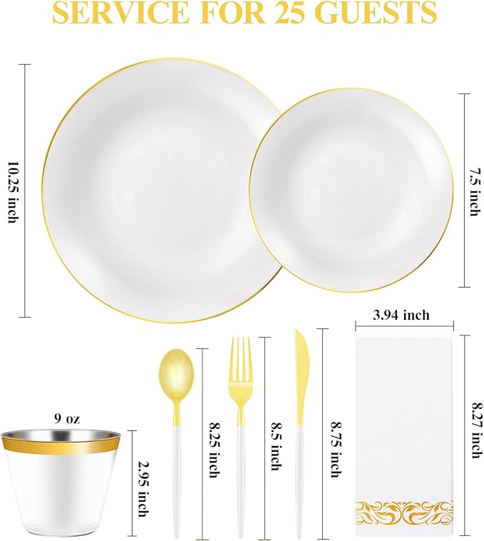 175 Pieces White Gold Plastic Dinnerware Set, Gold Disposable Plates for Party, Include 50 White Plates with 75 Plastic Cutlery, 25 Napkins and 25 Cups