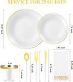 175 Pieces White Gold Plastic Dinnerware Set, Gold Disposable Plates for Party, Include 50 White Plates with 75 Plastic Cutlery, 25 Napkins and 25 Cups