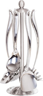 18/10 Stainless Steel Cooking Utensils Set with Holder, 7-Pieces All Metal Kitchen Utensils, 15’’ Long Kitchen Tools with Countertop Rotating Stand, Spatula, Ladle, Skimmer, Tunner, Pasta, Large Spoon