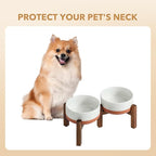 Havniva Ceramic 6.1inch Raised Double Dog Bowls Set with Acacia Wood Stand, 2 Heights Elevated, Food & Water Bowls for Small Dogs(28.2oz, Vanilla White)