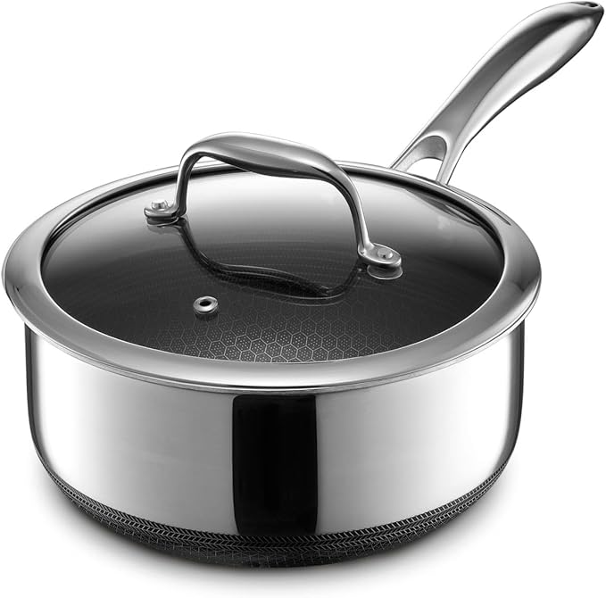 HexClad Hybrid Nonstick 3-Quart Saucepan with Tempered Glass Lid, Stay-Cool Handle, Dishwasher-Friendly, Oven-Safe Up to 900°F, Induction Ready, Compatible with All Cooktops