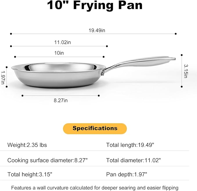 Stainless Steel Pan，Non-Toxic PFAS, PFOA & PTFE Free, Compatible With All Cooktops & Induction Safe, Oven Safe Pan for Searing & Sautéing, Long Lasting Cookware. (10 Inch)