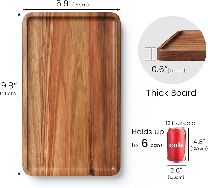 VERTORGAN 2 Pack Acacia Wood Serving Tray,9.8x5.9 Inch Decorative Trays Platter for Coffee Table,Living Room,Bar,Party,Mini Charcuterie Boards Cheese Board,Home Decor