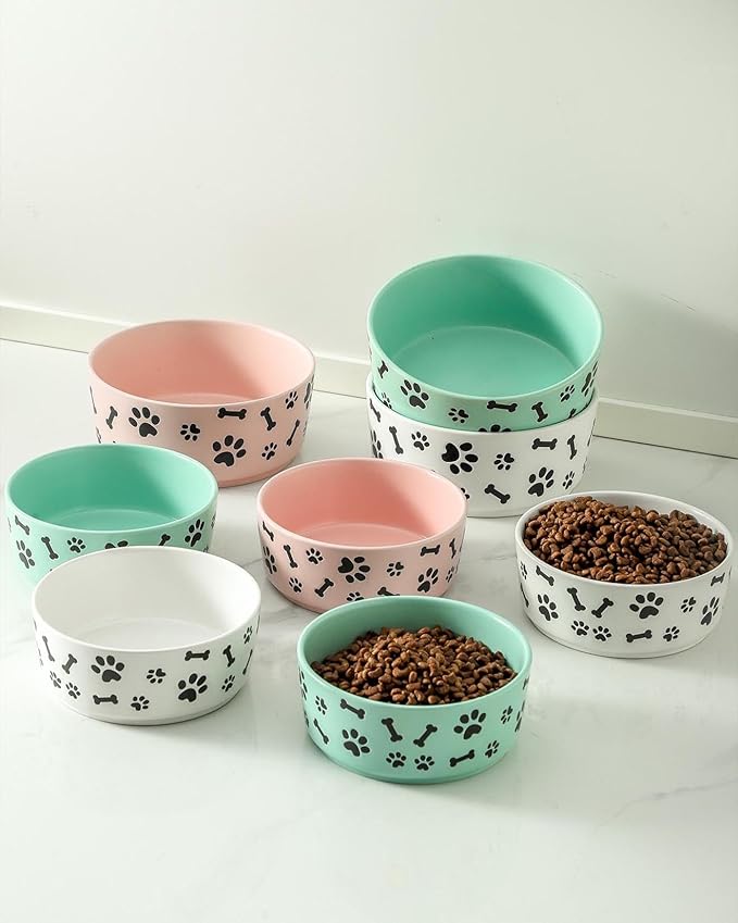 UBEE Ceramic Dog Bowl Set of 2, 5.5 inch Dog Food Bowl Dish with Bone Paw Pattern, Pet Food Water Dish Feeding Plates for Small Dogs, Puppy and Cat, White