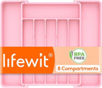 Lifewit Silverware Drawer Organizer, Expandable Utensil Tray for Kitchen, BPA Free Flatware and Cutlery Holder, Adjustable Plastic Storage for Spoons Forks Knives, 10.9"-17.5" x 13.7", Pink