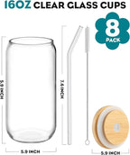 WISIMMALL Drinking Glasses with Bamboo Lids and Glass Straw 8PCS Set, 16oz Glass Cups with Lids and Straws, Beer, Iced Coffee Glasses, Soda, Gift 2 Cleaning Brushes