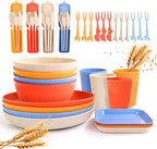 Wheat Straw Dinnerware Sets for 4, Unbreakable Dish Sets Wheat Straw Plates, Bowls, Cups Sets with Utensils, Camping Plates Set with Cups & Bowls, BPA-Free Microwave & Dishwasher Safe Dishware