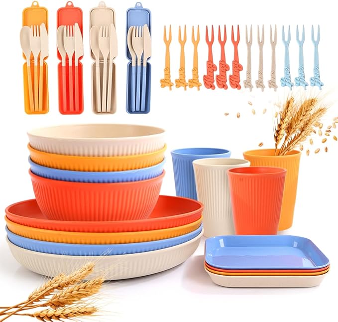 Wheat Straw Dinnerware Sets for 4, Unbreakable Dish Sets Wheat Straw Plates, Bowls, Cups Sets with Utensils, Camping Plates Set with Cups & Bowls, BPA-Free Microwave & Dishwasher Safe Dishware