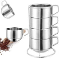 SZCXTOP 6.8 Oz Stainless Steel Coffee Cups Set of 4 Mug,Stackable Double Heat Insulation Metal Coffee Mugs with Stand Rack,Perfect for Cold Drinks or Hot Drink (4)