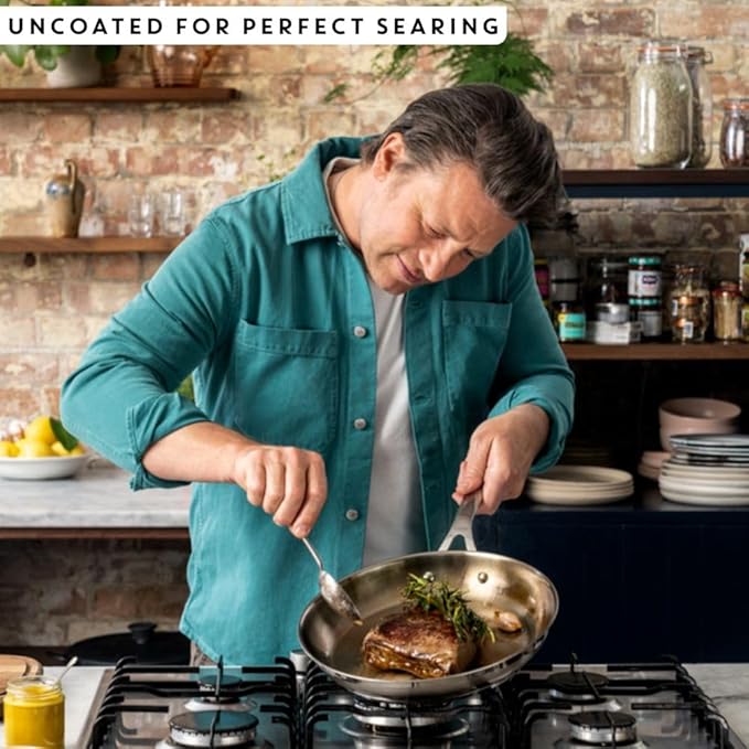 T-Fal x Jamie Oliver Stainless Steel Fry Pan 9.5-Inch, Induction Compatible, Oven Safe up to 500°F, Chef's Stainless Steel Skillet, Frying Pan, Silver