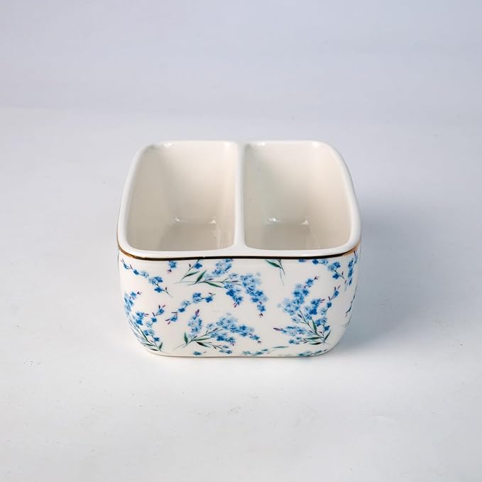 2 Compartments Ceramic Sponge Holder for Kitchen Sink, Cute Floral Countertop Dish Sponges Holder Soap Sink Organizer Farmhouse Caddy Blue Flowers