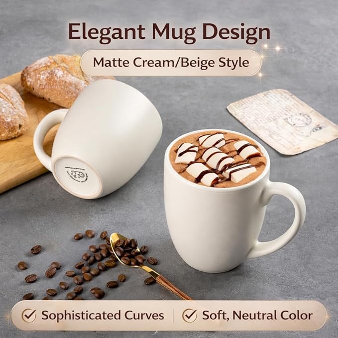 GBhome 12oz Coffee Mugs Set of 6, Large Ceramic Coffee Mugs for Man, Woman, Dad, Mom, Modern Coffee Mugs Set with handle for Tea/Latte/Cappuccino/Milk/Cocoa. Dishwasher&Microwave Safe,ivory