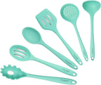 Culinary Couture Aqua Sky Silicone Cooking Utensils Set - Sturdy Steel Inner Core - Spatula, Mixing & Slotted Spoon, Ladle, Pasta Server, Drainer - Heat Resistant Kitchen Tools - Bonus Recipe Ebook