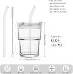INSETLAN 13oz Portable Glass Tumblers Set of 4, Thick Wall Glass Cups with Lid and Glass Straw, On-the-Go Coffee Cups for Iced Coffee, Tea, Milk, Hot & Cold Drinks, Travel & Daily Use