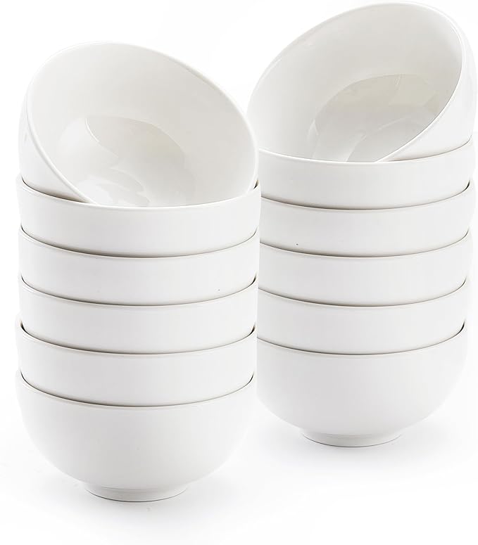 AntoKueh White 4.5in Small Ceramic Bowls 12 OZ, Cereal Bowls Set of 12 for Dessert, Rice, Family dressfamily gatherings, hosting dinner parties