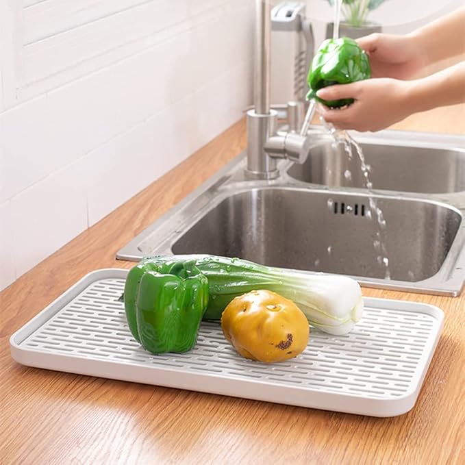 Small Drain Rack for Kitchen Sink, 2 Tier Cup & Dish Drying Rack for Office, Coffee Table, Multi-Use Tray for Serving, White & Grey Dish Drying Mat Big Enough