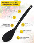 Silicone Cooking Utensils Set, 9 Pcs Heat Resistant Kitchen Utensils with Back Hooks, BPA Free Kitchen Tools with Spatulas, Spoons, Skimmer and Pasta Fork for Non Stick Cookware (BLACK)