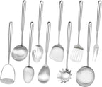 18 10 Stainless Steel Cooking Utensils Set, 10pcs Long Metal Kitchen Utensils Set Come with Spoon, Fork, Spatula, Ladle, Skimmer, Turner, Pasta Server(13-14inch)