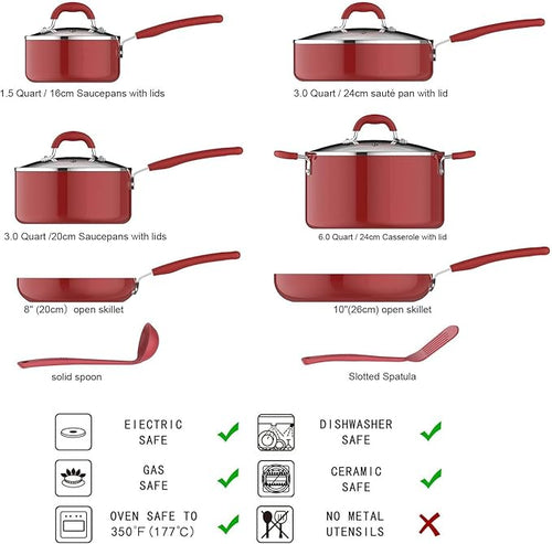 Amazon Basics Aluminum Non-Stick Cookware Set, Oven Safe, Dishwasher Safe, Stay-Cool Handles, 12-Piece, Red
