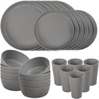 EI 24pcs Wheat Straw Dinnerware Set,Dark Grey Plates and Bowls Sets,Unbreakable Dinner Plates,Reuasble Plastic Plate,Microwave Dishwasher Safe for Camping,Picninc,Family Dinner