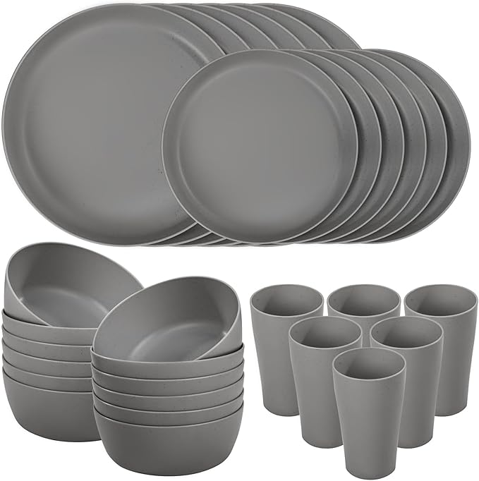 EI 24pcs Wheat Straw Dinnerware Set,Dark Grey Plates and Bowls Sets,Unbreakable Dinner Plates,Reuasble Plastic Plate,Microwave Dishwasher Safe for Camping,Picninc,Family Dinner