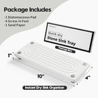 Razborci Water Absorbing Stone Sink Caddy, Diatomite Kitchen Sink Organizer, Bathroom Counter Tray, Faucet Drying Mat Coaster Soap Dish Rack Riser Dispenser Sponge Holder, Silver, White 10" x 4"